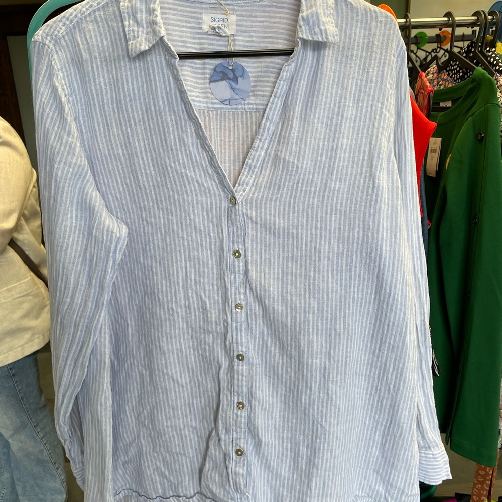 Sigrid Olsen Linen Blue Casual Button Down Shirt